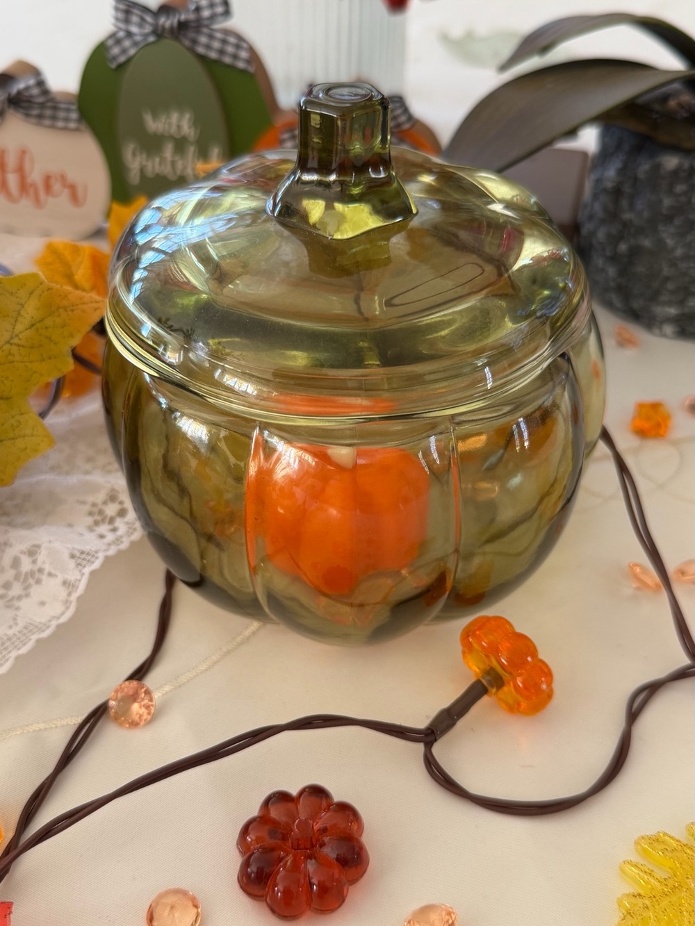 Green & Orange Glass Pumpkin Dish with Lid
